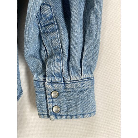 Wrangler Western Blue Denim Long Sleeve Snap Button Shirt Boy’s 10-12 Large 34” - Picture 8 of 8